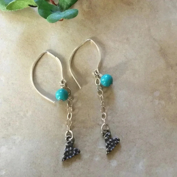 Turquoise Earrings,Long Earrings,Heart Charm,Chain Earrings,Blue Earrings - Picture 3 of 3
